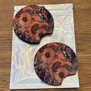 Floral Patterned Car Coasters - Orange and Brown